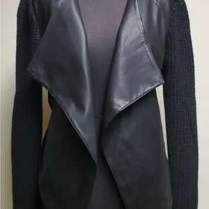 Black Faux Leather Knit Sleeve Fly Away Sweater